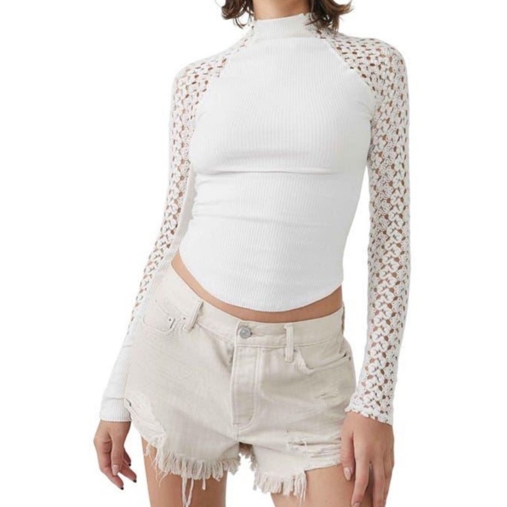 Free People White Long Sleeve Ribbed Top with Crochet Sleeves